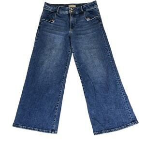 Kut from the Kloth Meg Wide Leg Cropped Jeans Button Flap Medium Wash Denim Sz 8